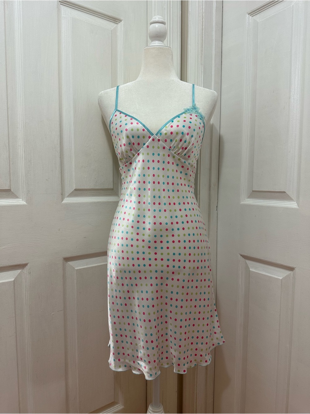 vintage polka dot slip dress with flower detailing